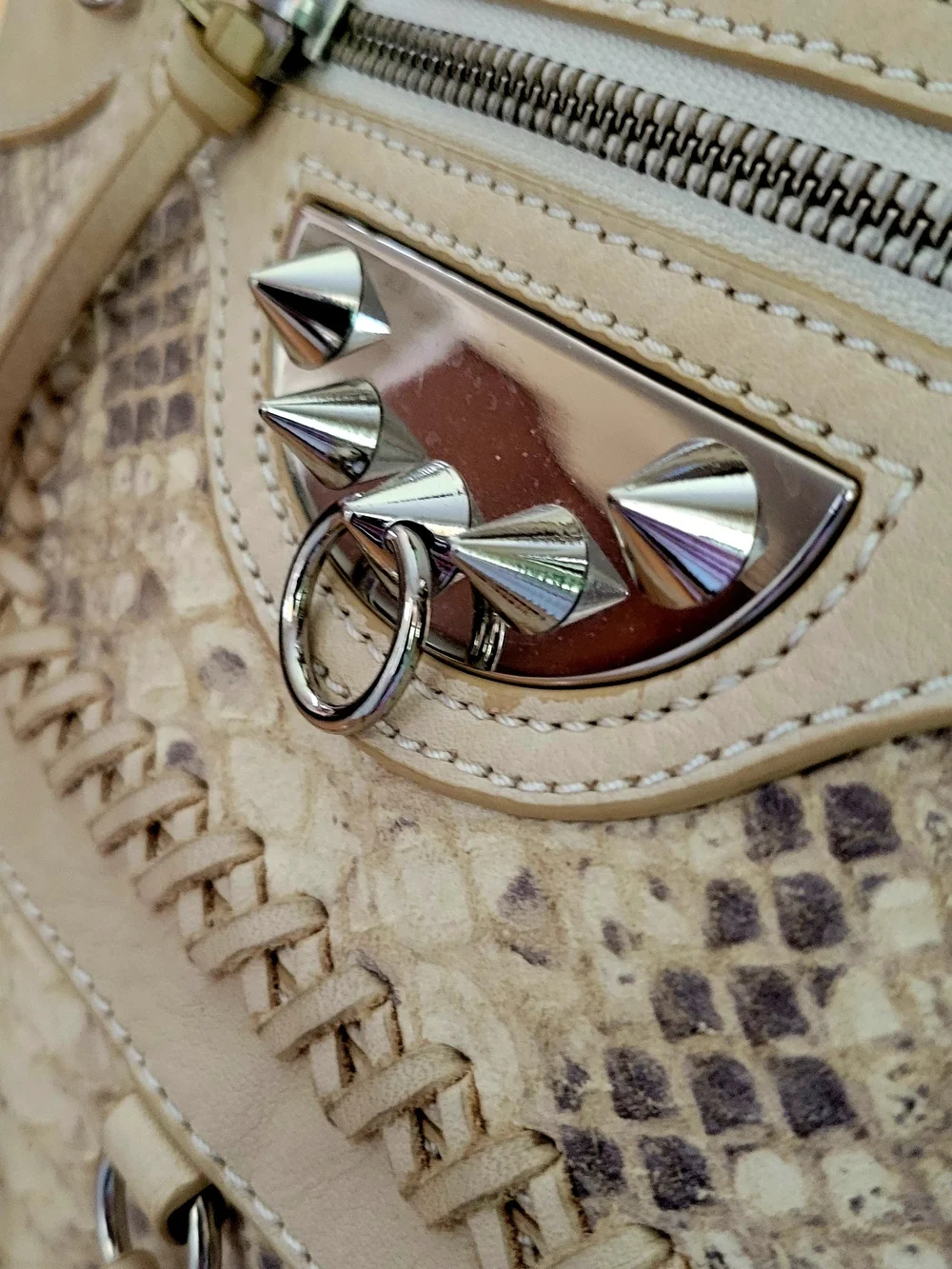 Beige Women's Snake-Texture Top-Handle Large Shoulder Leather Bag W/Spikes